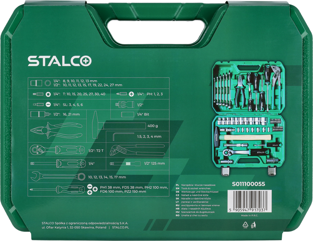 Set scule multifuncționale 1/2”+1/4” 55 buc clichet 90t ambalaj BMC STALCO S011100055