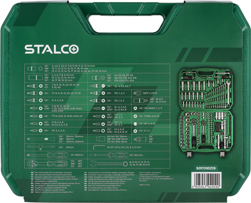 Set de chei tubulare și combinate 1/2”+3/8”+1/4”, 219 buc. 90T, BMC STALCO S011100219
