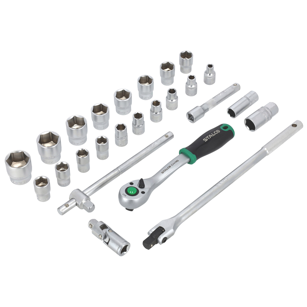 Set chei tubulare 1/2” 25 buc cutie metalică, clichet 90T STALCO S011100025