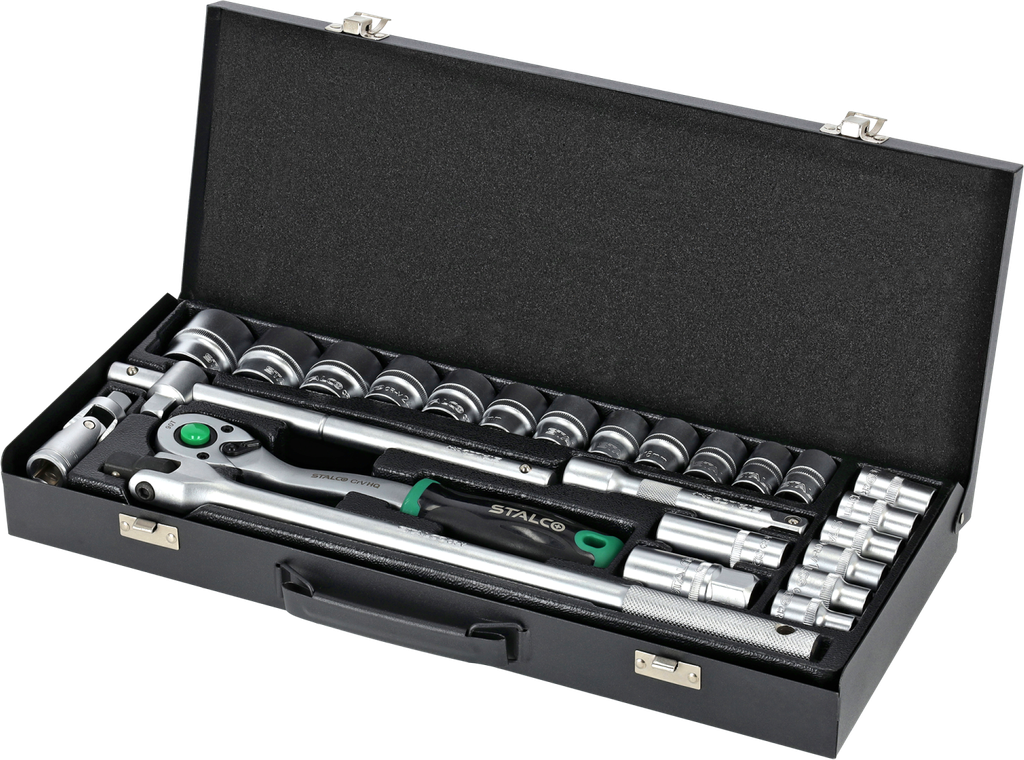 Set chei tubulare 1/2” 25 buc cutie metalică, clichet 90T STALCO S011100025