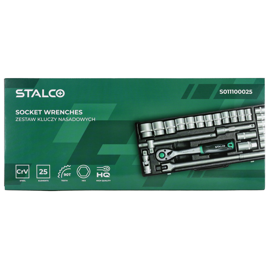 Set chei tubulare 1/2” 25 buc cutie metalică, clichet 90T STALCO S011100025