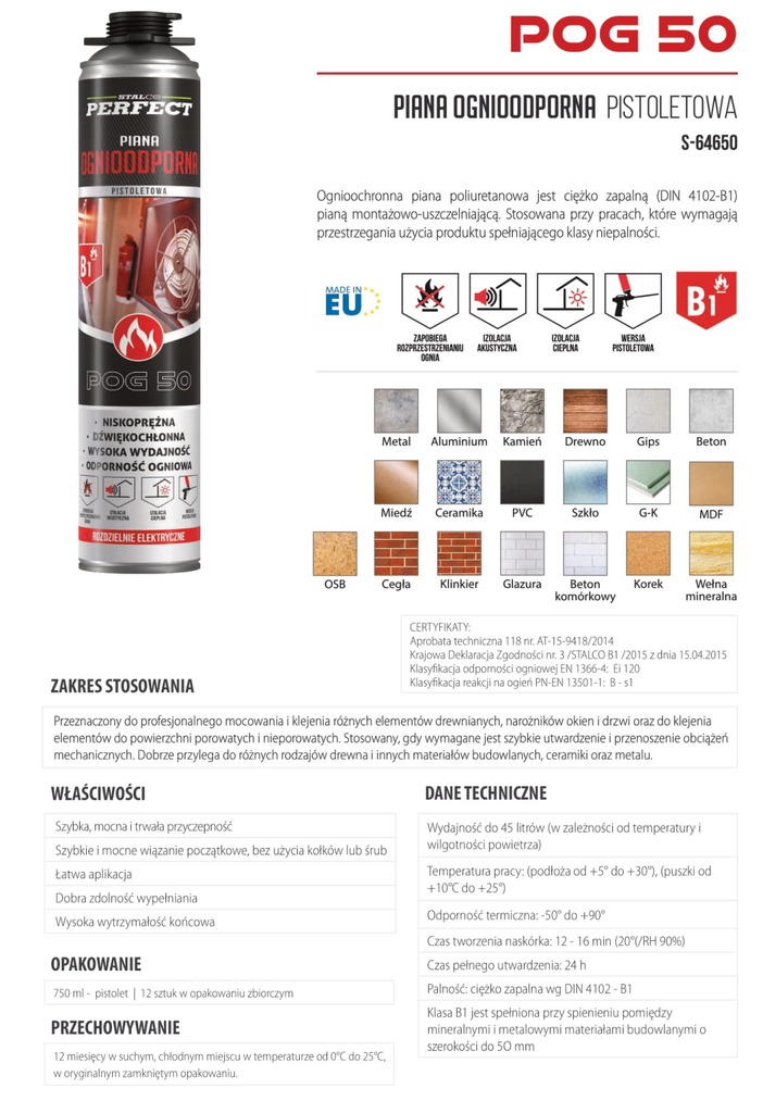Spumă profesională ignifugă B1 pentru pistol POG 50 STALCO PERFECT S-64650