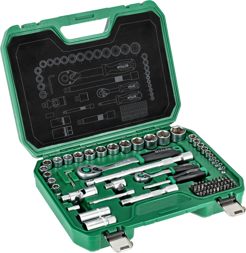 Set chei tubulare, ambalaj BMC, 84 piese, clichet 1/2˝ 1/4˝ 90 dinți STALCO S011100084