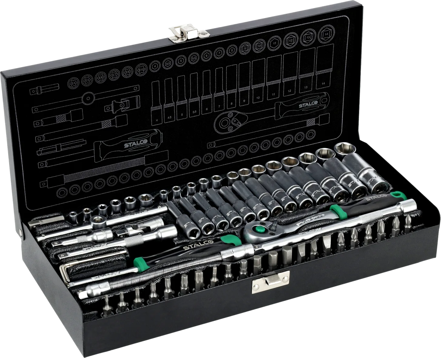 Set chei tubulare, cutie metalică, 67 piese, clichet 1/4˝ 90 dinți STALCO S011100067
