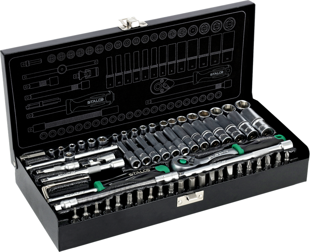 Set chei tubulare, cutie metalică, 67 piese, clichet 1/4˝ 90 dinți STALCO S011100067