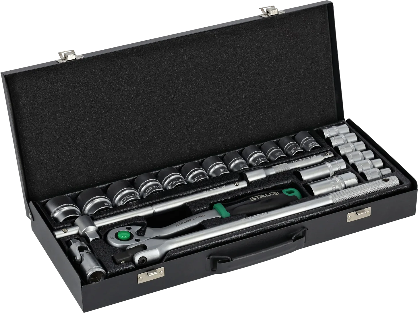 Set chei tubulare 1/2” 25 buc cutie metalică, clichet 90T STALCO S011100025