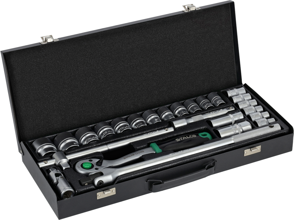 Set chei tubulare 1/2” 25 buc cutie metalică, clichet 90T STALCO S011100025